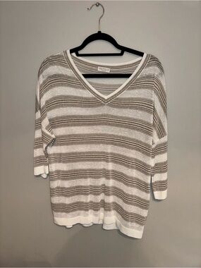 Brunello Cucinelli Cream & Taupe Striped V-Neck Sweater